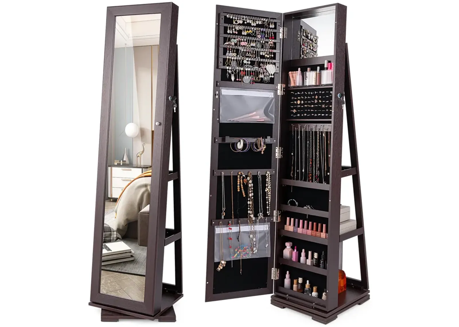 360° Rotatable 2-in-1 Lockable Jewelry Cabinet with Full-Length Mirror