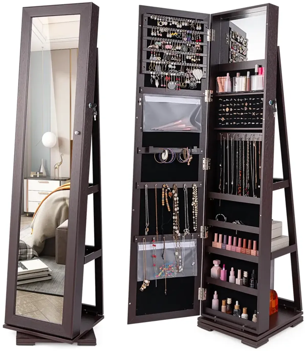 360° Rotatable 2-in-1 Lockable Jewelry Cabinet with Full-Length Mirror