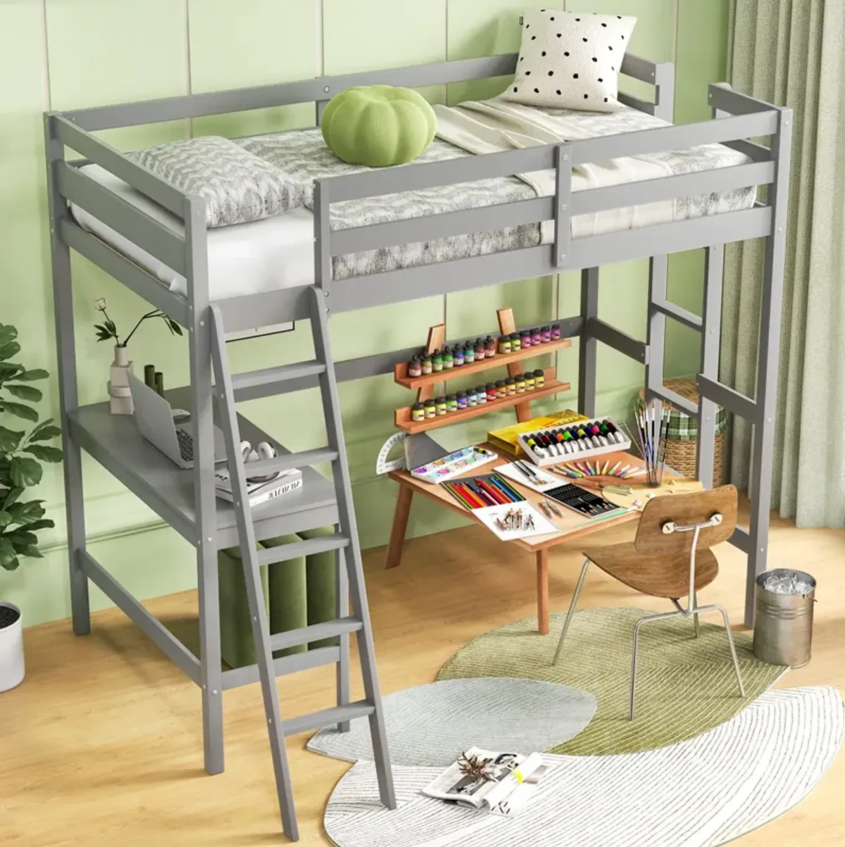 Twin Size Loft Bed Frame with Desk Angled and Built-in Ladder