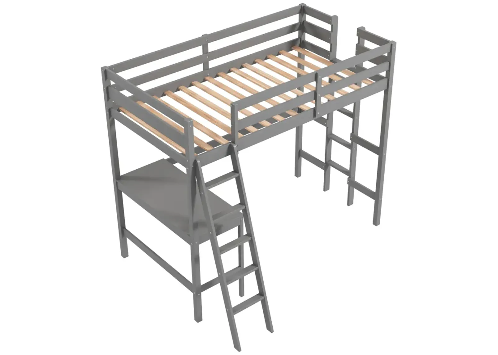 Twin Size Loft Bed Frame with Desk Angled and Built-in Ladder