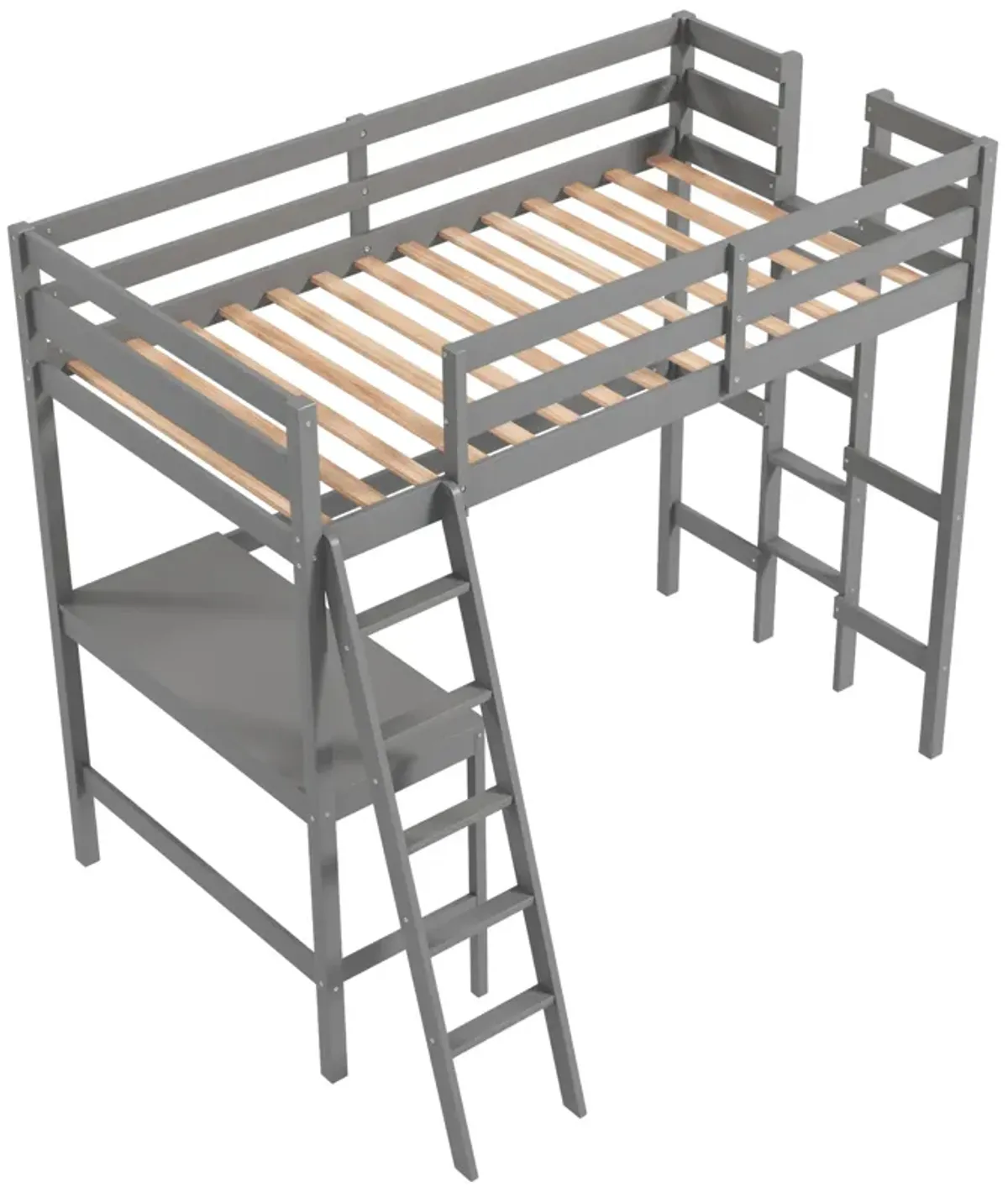 Twin Size Loft Bed Frame with Desk Angled and Built-in Ladder