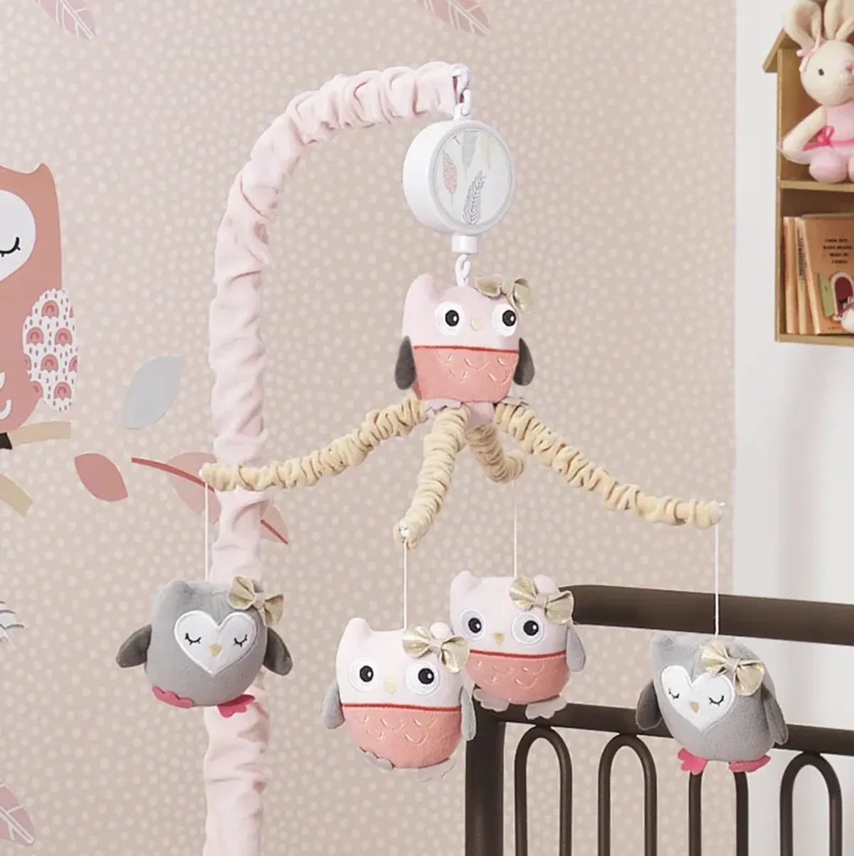 Lambs & Ivy Family Tree Pink/Gray/Tan Owl Musical Baby Crib Mobile