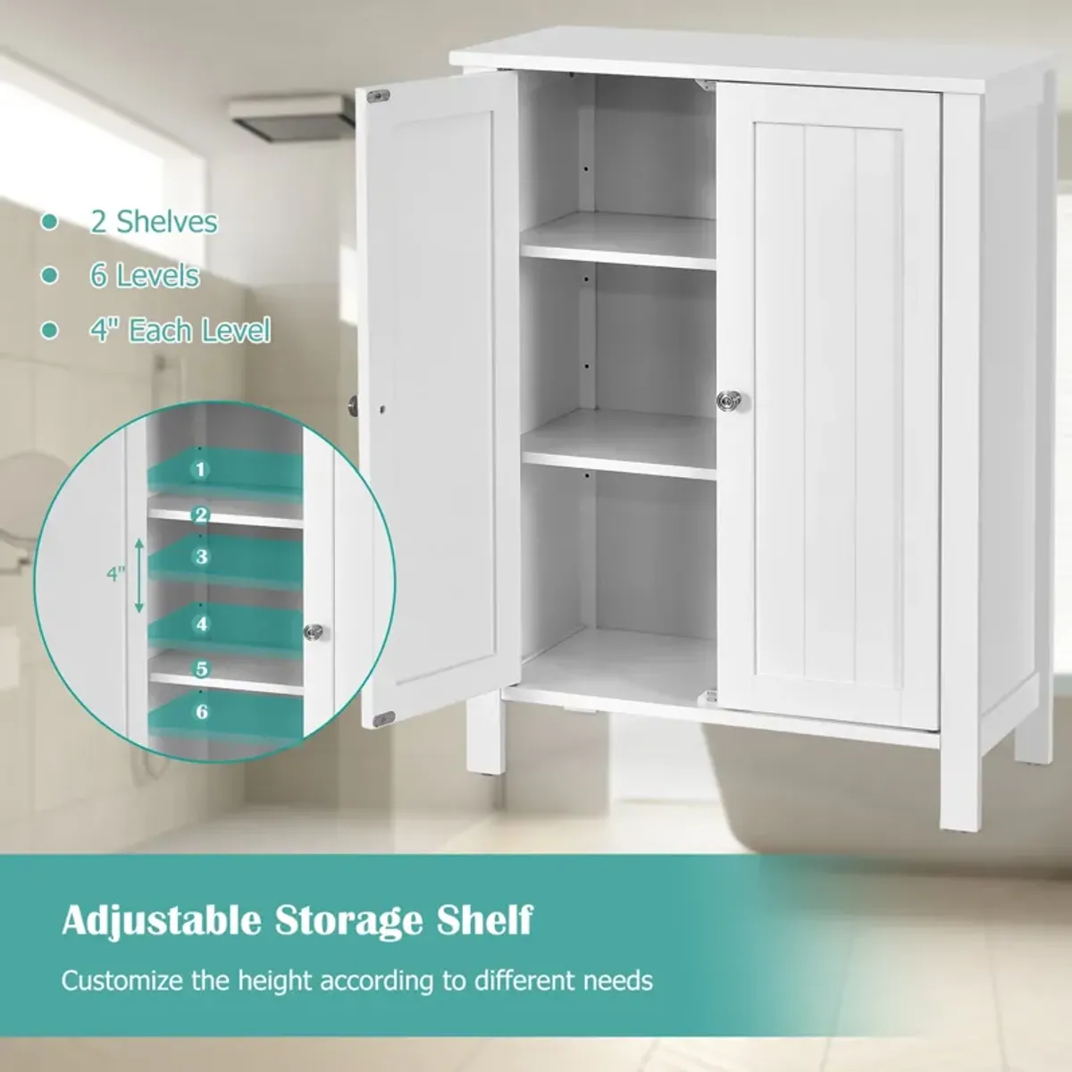 Costway 2-Door Bathroom Floor Storage Cabinet Space Saver Organizer White