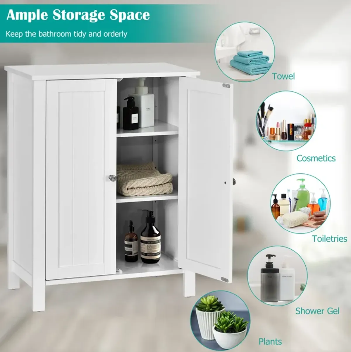 Costway 2-Door Bathroom Floor Storage Cabinet Space Saver Organizer White