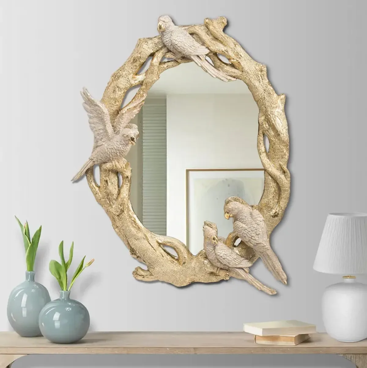 Polyresin Encased Mirror with Bird Accent, Gold-Benzara