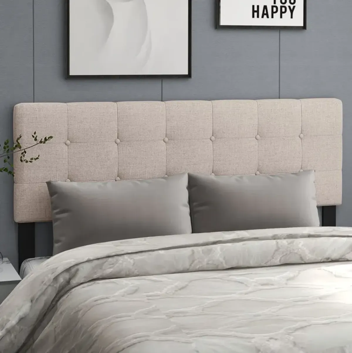 Linen Upholstered Headboard with Solid Rubber Wood Legs