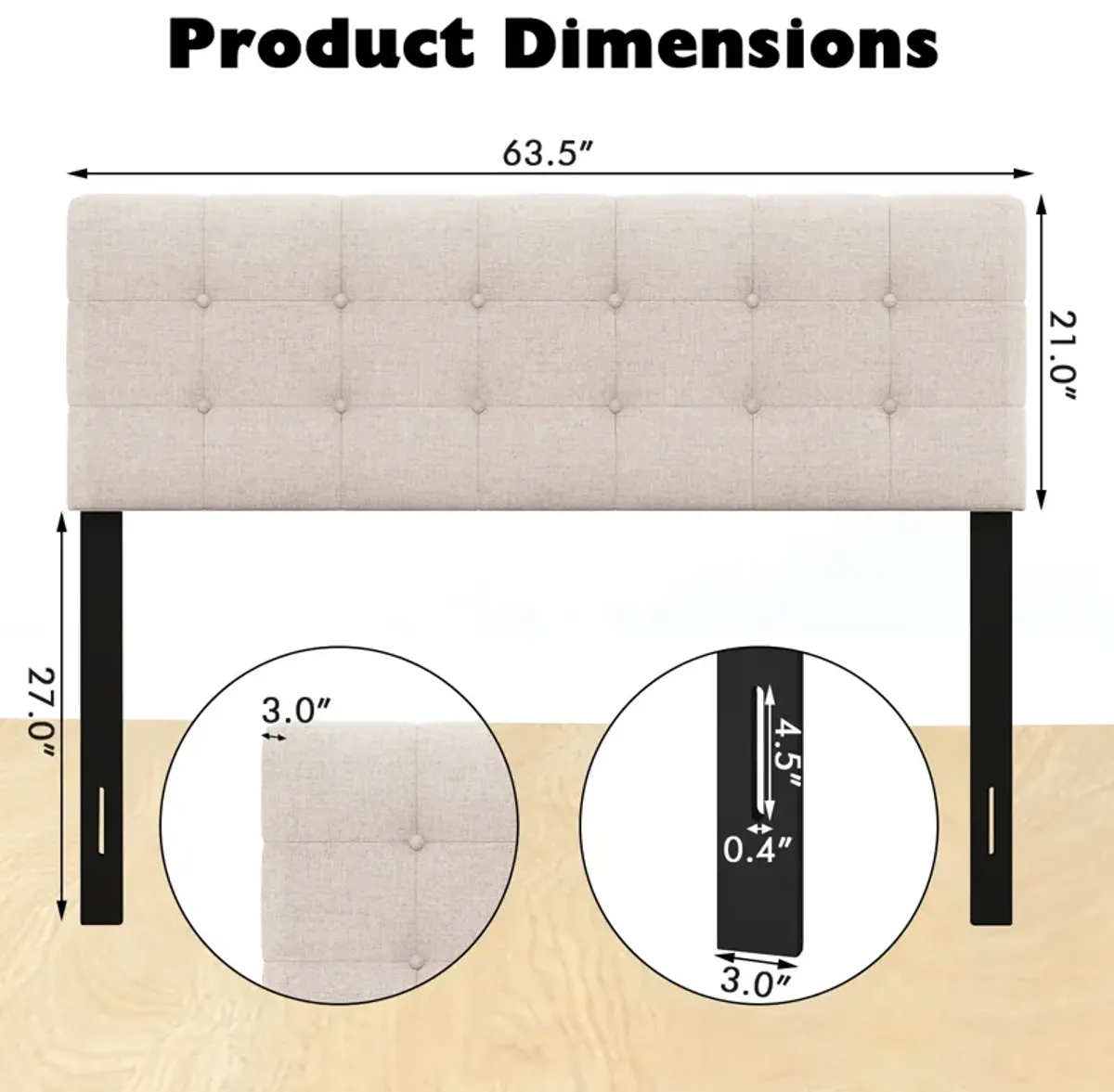 Linen Upholstered Headboard with Solid Rubber Wood Legs