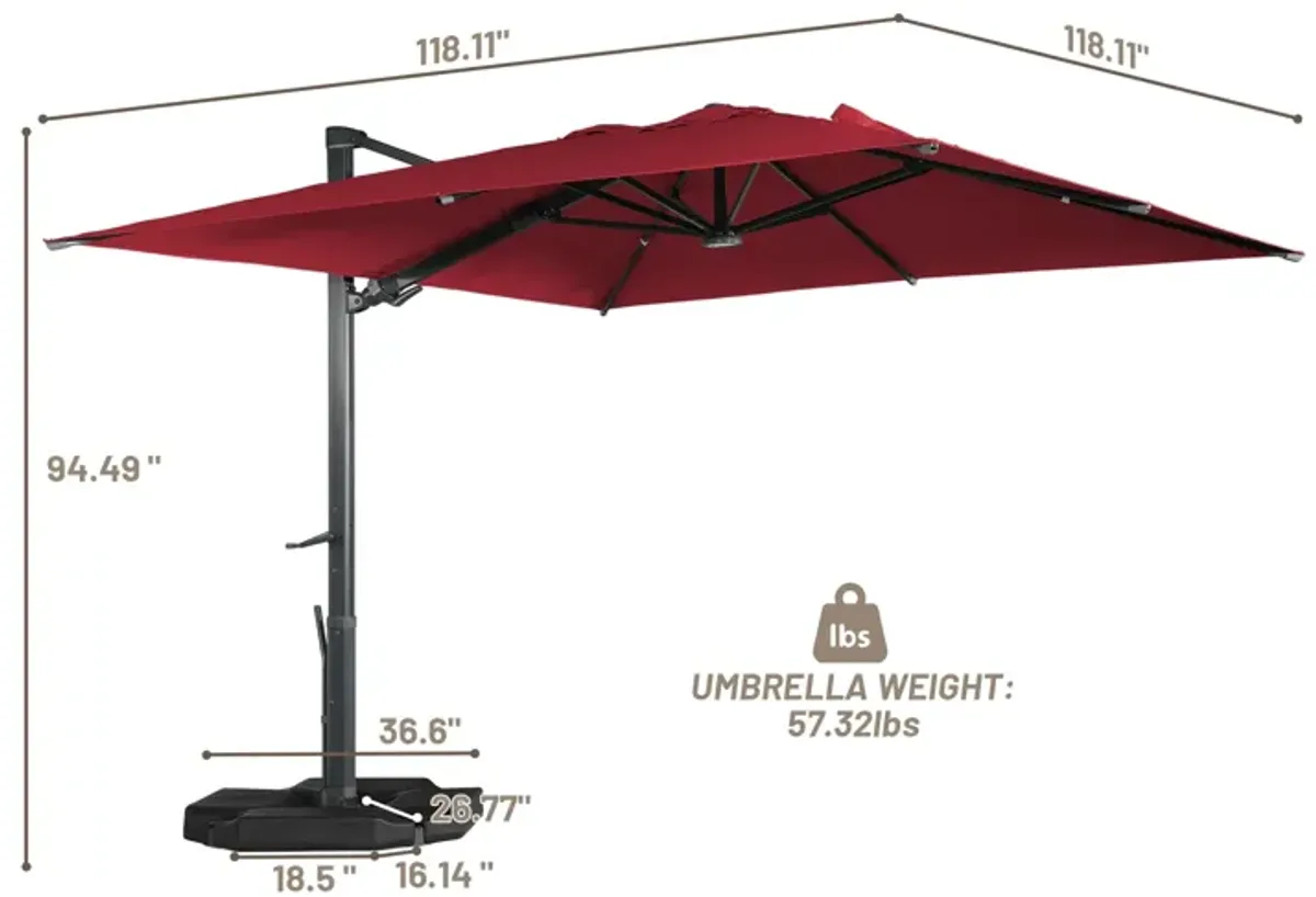 10 x 10 ft. 360° Rotation Square Cantilever Umbrella with Base and LED Light in Navy Blue