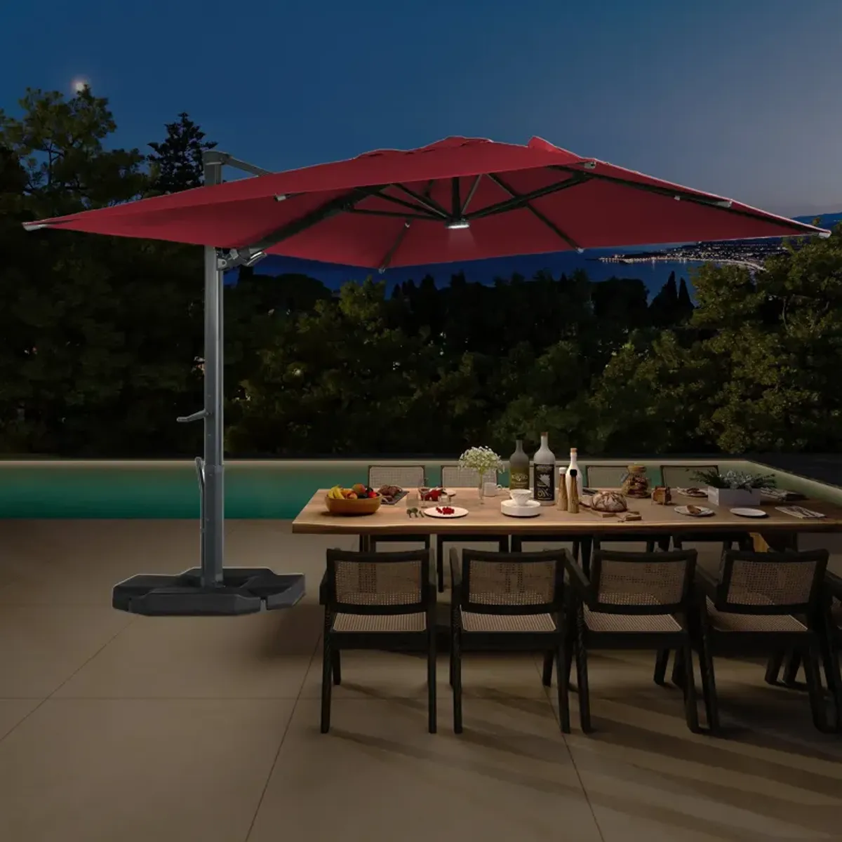 10 x 10 ft. 360° Rotation Square Cantilever Umbrella with Base and LED Light in Navy Blue