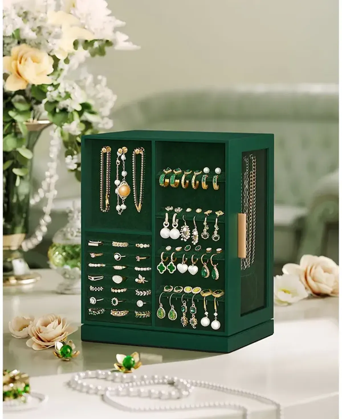 360° Rotating Jewelry Box with Multi-Layer Storage and Elegant Design