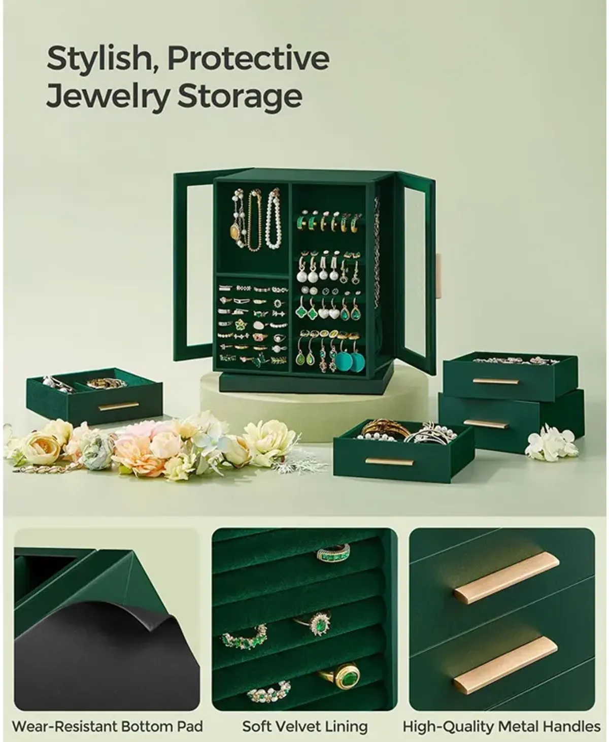 360° Rotating Jewelry Box with Multi-Layer Storage and Elegant Design