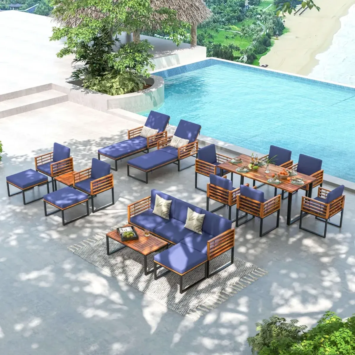 5-Piece Patio Acacia Wood Chair Set with Ottoman and Coffee Table-Navy