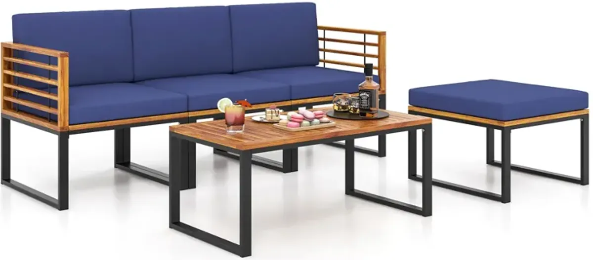 5-Piece Patio Acacia Wood Chair Set with Ottoman and Coffee Table-Navy