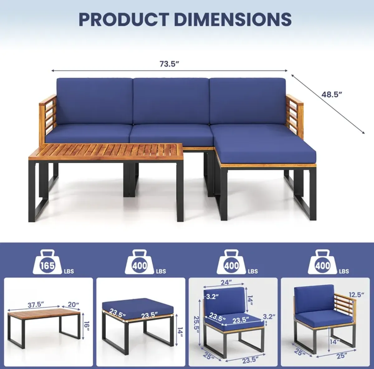 5-Piece Patio Acacia Wood Chair Set with Ottoman and Coffee Table-Navy