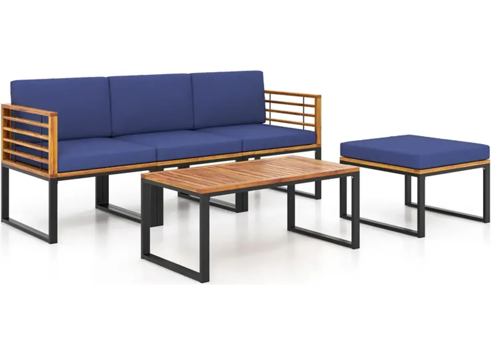 5-Piece Patio Acacia Wood Chair Set with Ottoman and Coffee Table-Navy