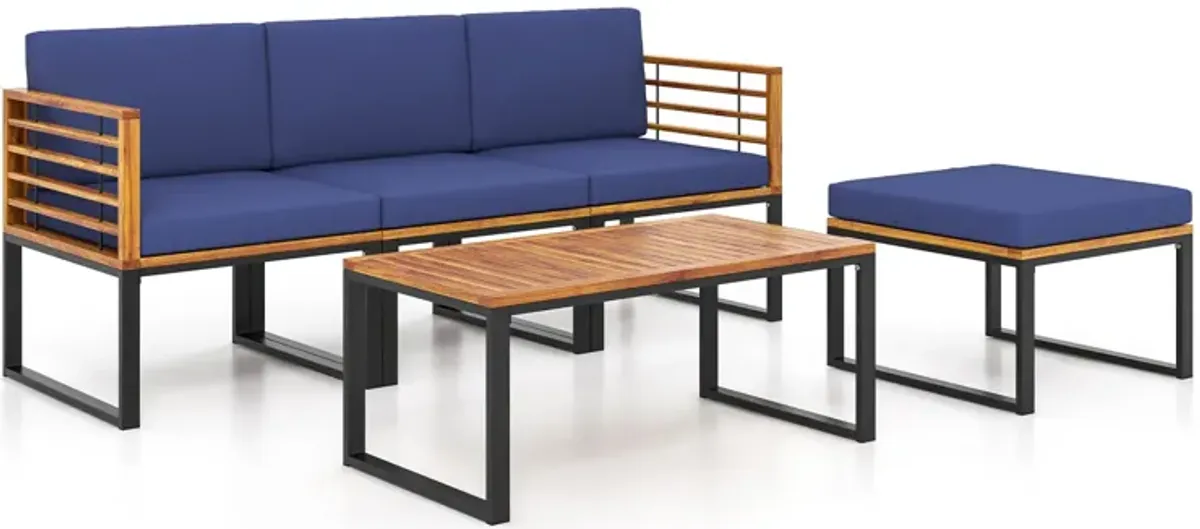 5-Piece Patio Acacia Wood Chair Set with Ottoman and Coffee Table-Navy