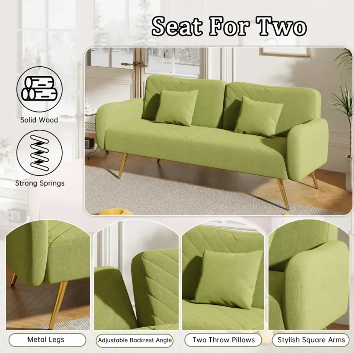 Green Fabric Double Sofa With Split Backrest And Two Throw Pillows