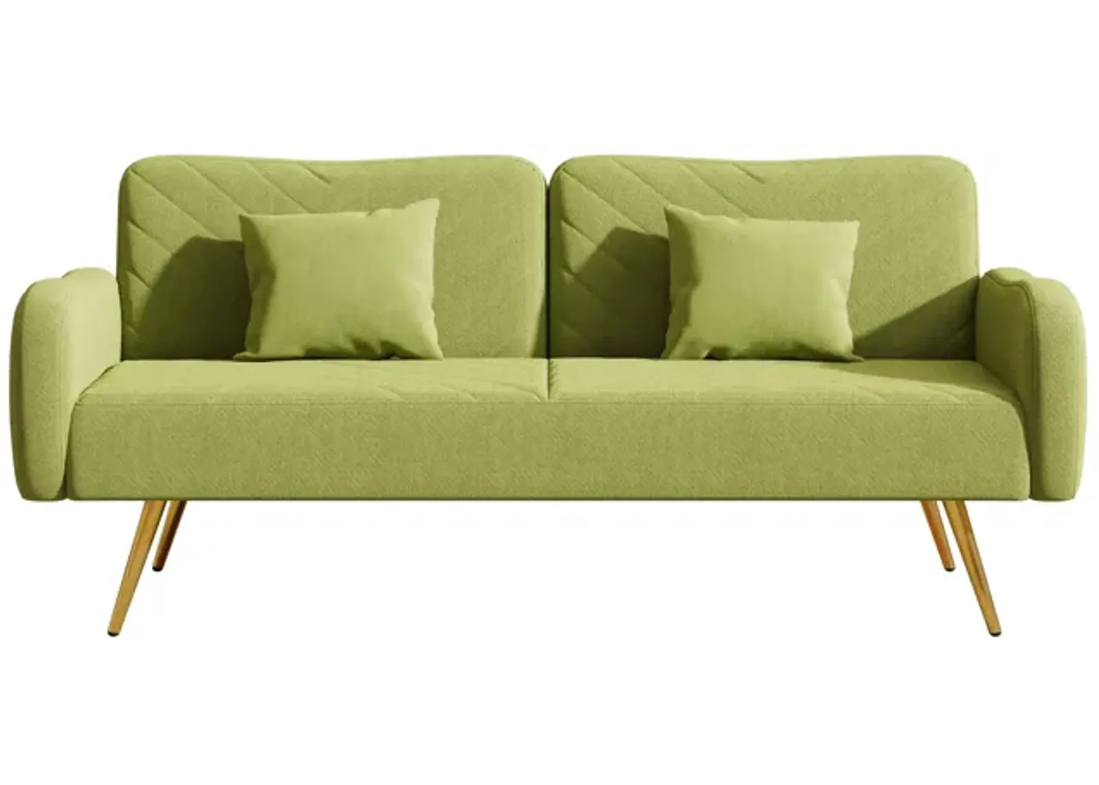 Green Fabric Double Sofa With Split Backrest And Two Throw Pillows