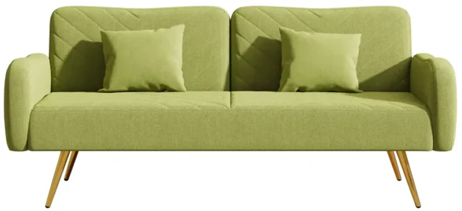 Green Fabric Double Sofa With Split Backrest And Two Throw Pillows