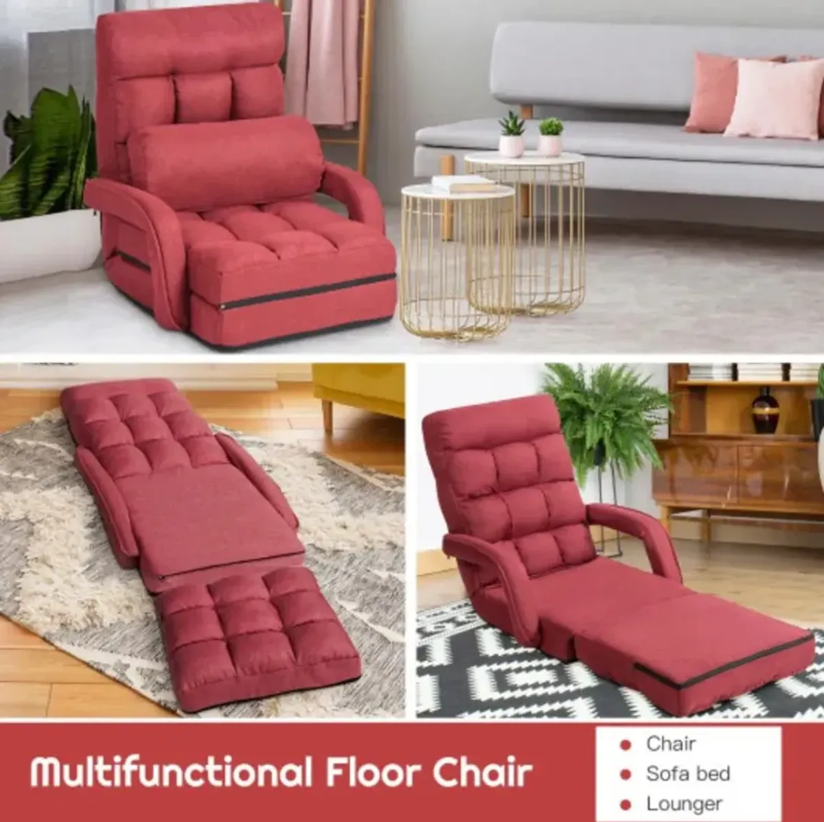 Folding Lazy Floor Chair Sofa with Armrests and Pillow