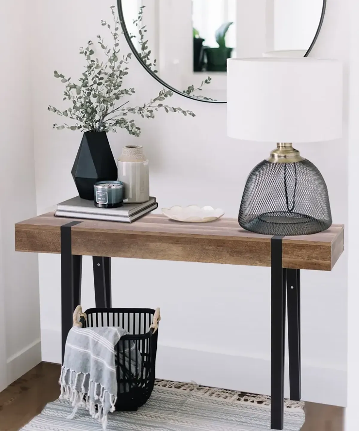 LuxenHome Oak Finish MDF Wood Black Metal Console Entry Table