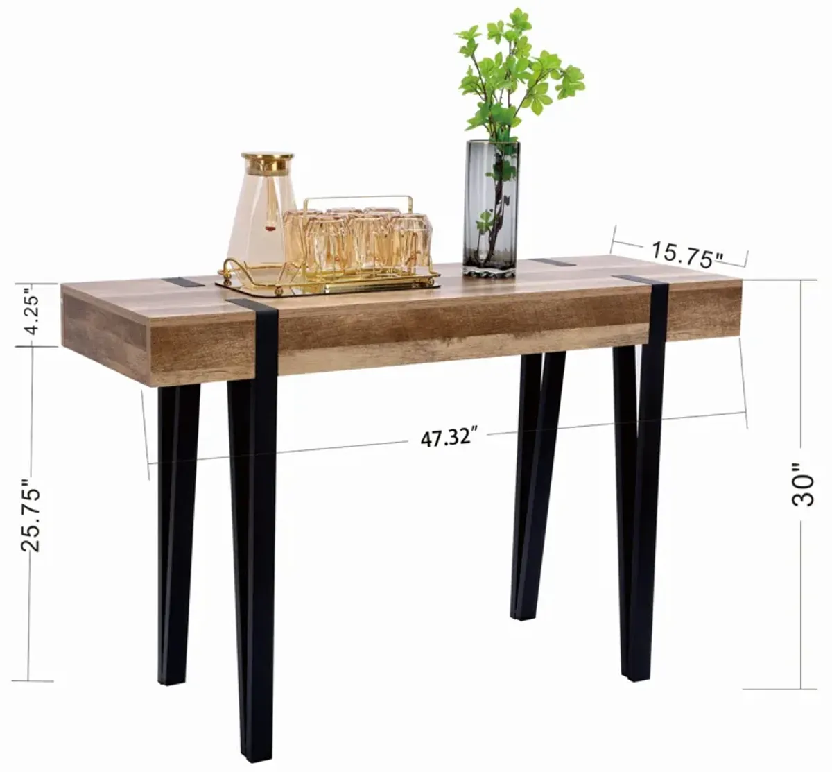 LuxenHome Oak Finish MDF Wood Black Metal Console Entry Table