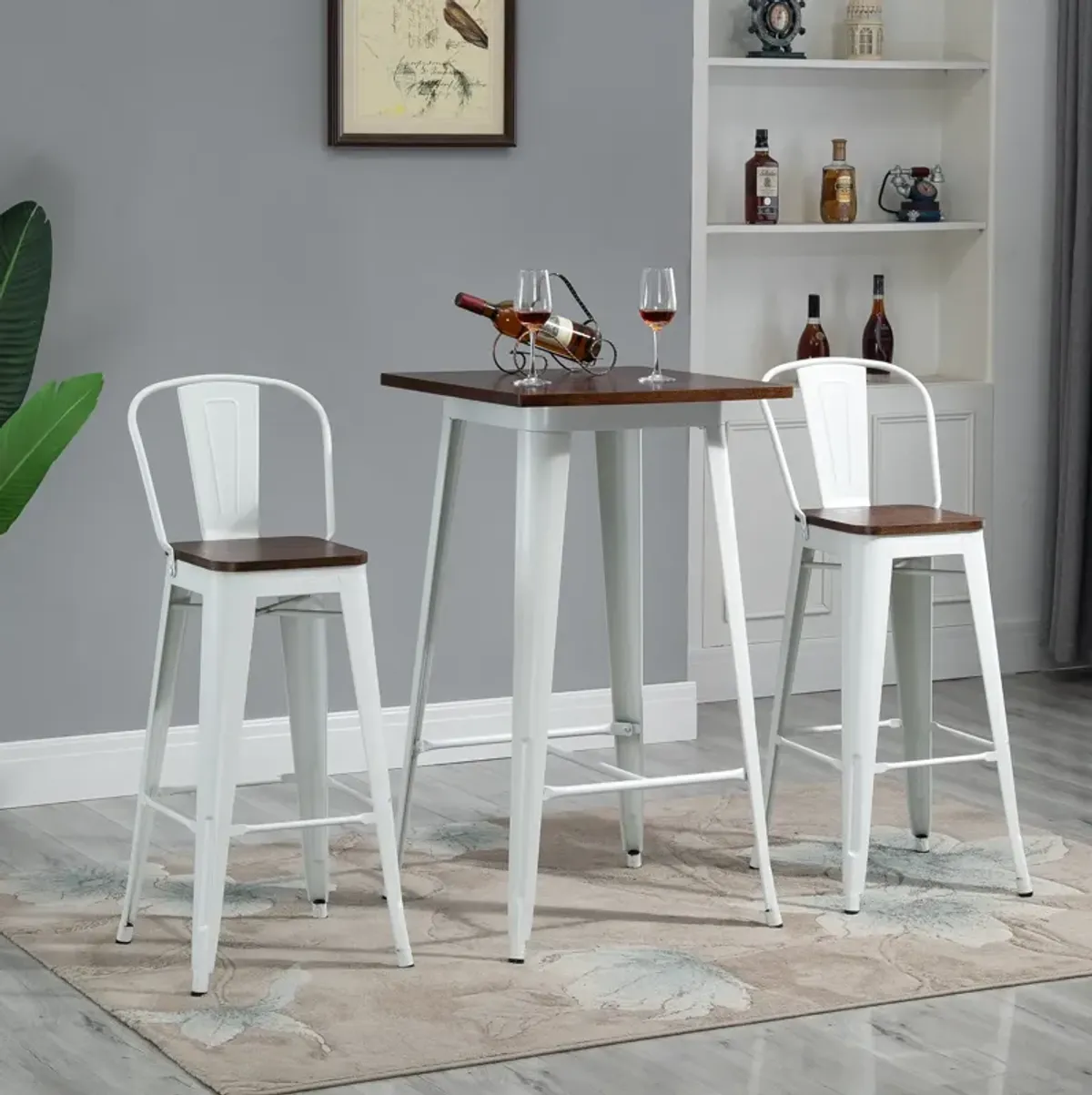 White/Brown Bistro Set: 3-Piece Counter Height Dining Table and Chairs