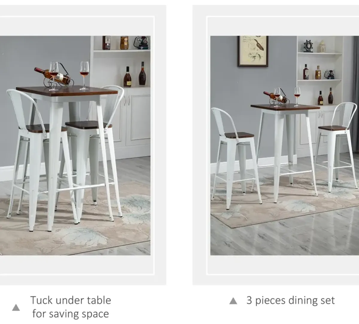 White/Brown Bistro Set: 3-Piece Counter Height Dining Table and Chairs