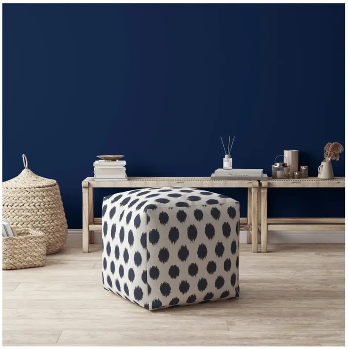 Homezia 17" White And Blue Polka Dots Pouf Ottoman