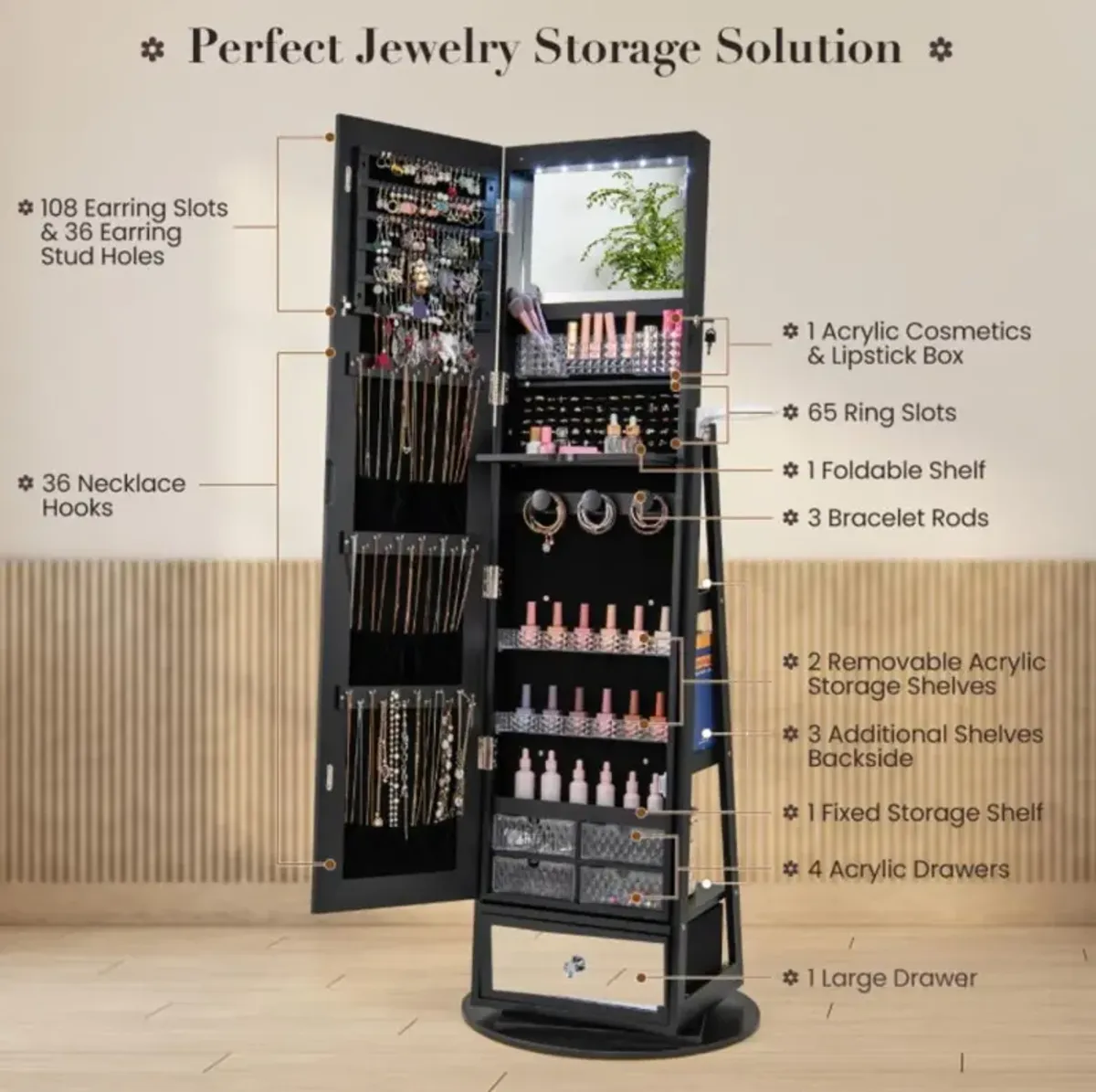 Hivvago Lockable 360Â° Swivel Jewelry Cabinet with Full-Length Mirror LED Lights