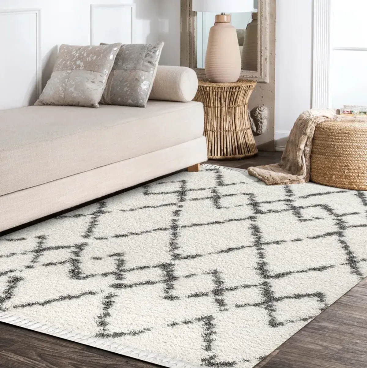 Mercer Shag Plush Tassel Moroccan Tribal Geometric Trellis Area Rug