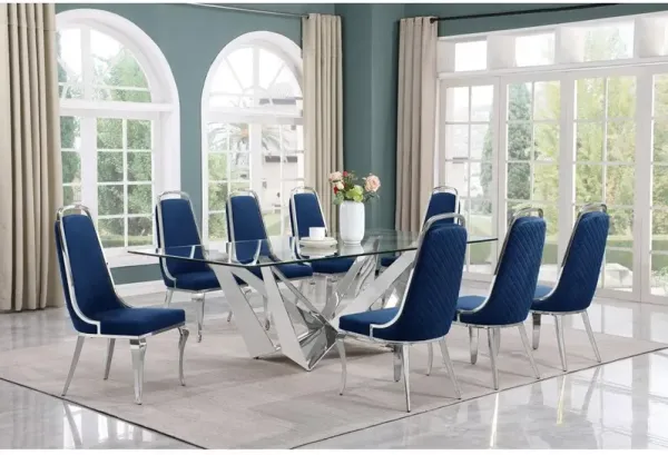 9pc Large(94") glass top topdining set with silver base and 8 Navy blue chairs