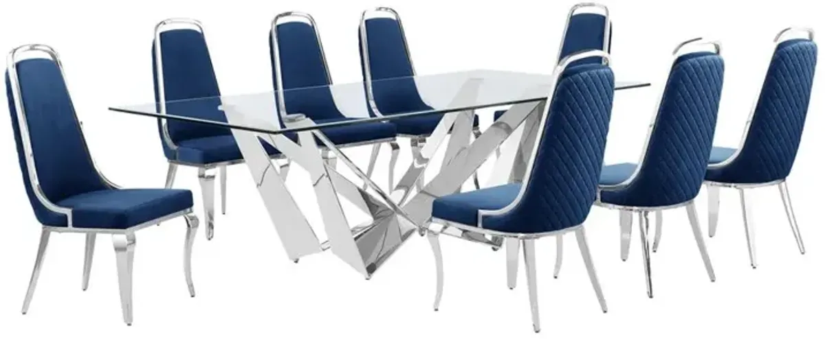 9pc Large(94") glass top topdining set with silver base and 8 Navy blue chairs