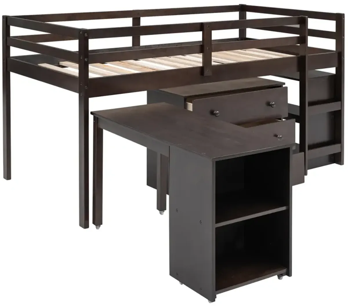 Low Study Twin Loft Bed With Cabinet And Rolling Portable Desk