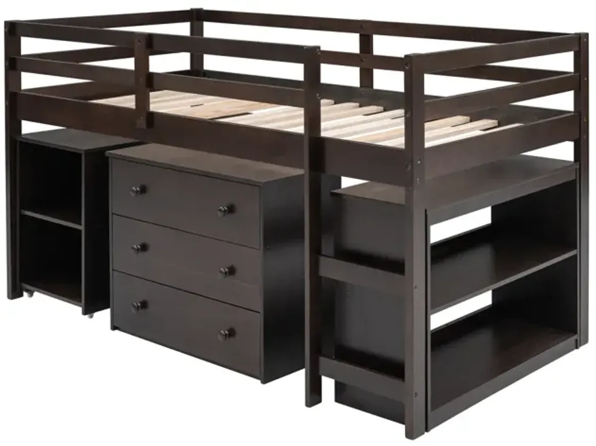 Low Study Twin Loft Bed With Cabinet And Rolling Portable Desk