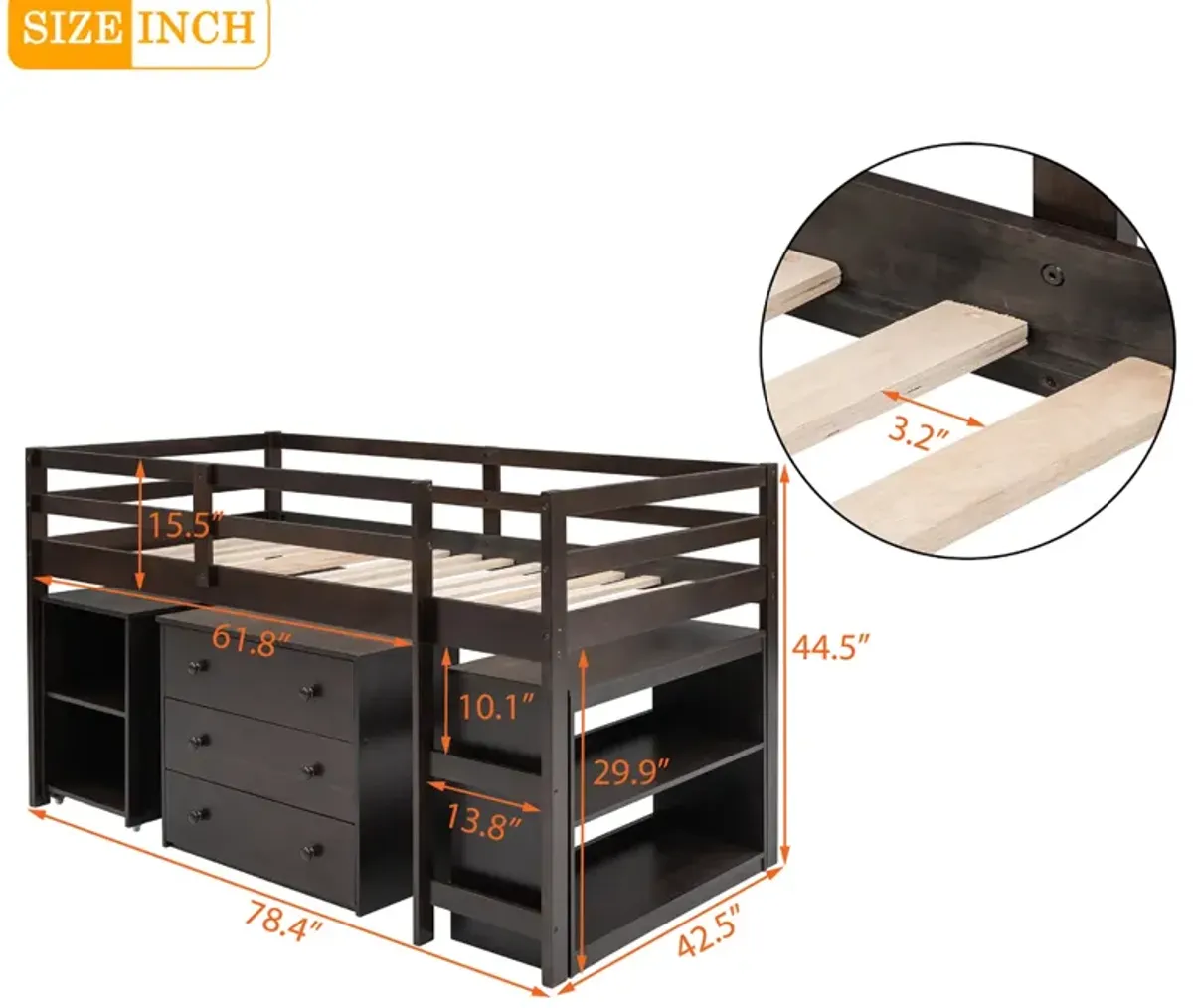 Low Study Twin Loft Bed With Cabinet And Rolling Portable Desk