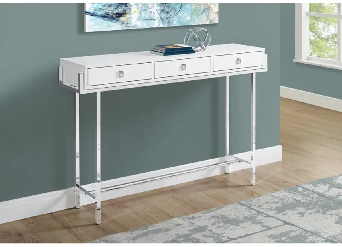 Monarch Specialties I 3297 Accent Table, Console, Entryway, Narrow, Sofa, Storage Drawer, Living Room, Bedroom, Metal, Laminate, Glossy White, Chrome, Contemporary, Modern