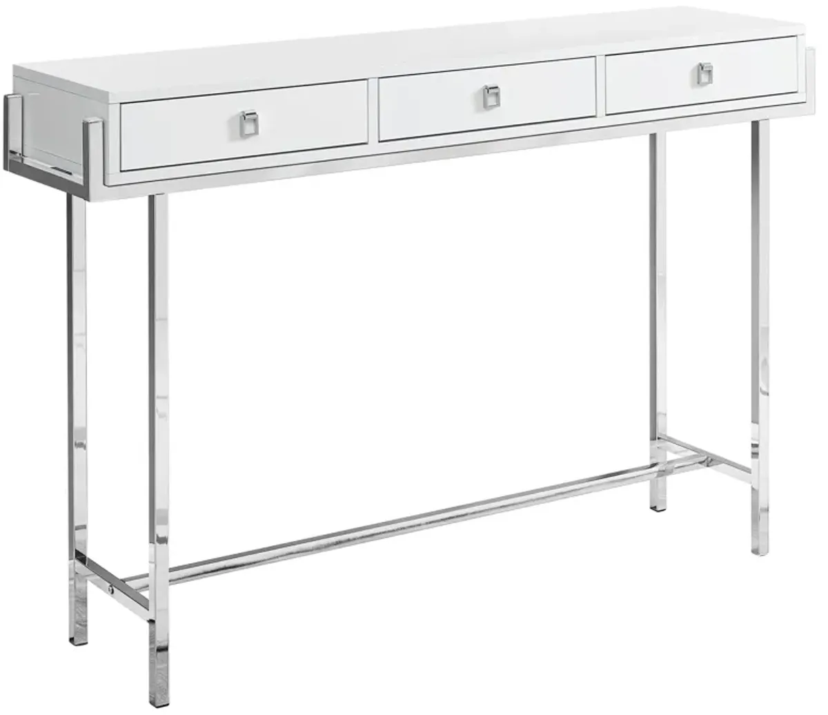 Monarch Specialties I 3297 Accent Table, Console, Entryway, Narrow, Sofa, Storage Drawer, Living Room, Bedroom, Metal, Laminate, Glossy White, Chrome, Contemporary, Modern