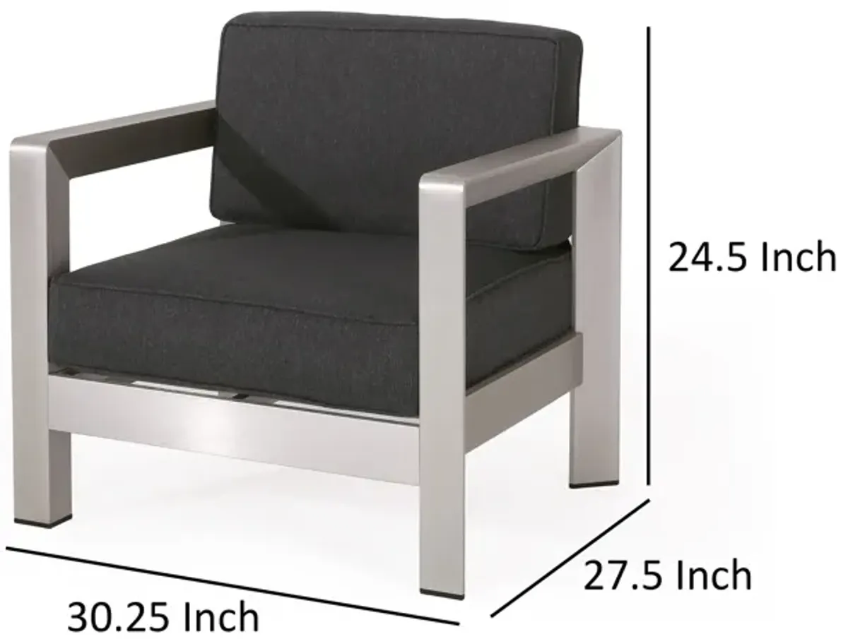 Kisa Accent Chair, Black Fabric Soft Cushions, Outdoor Silver Aluminium