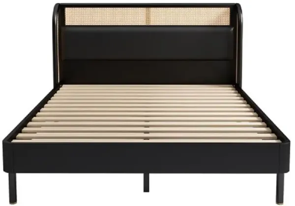 Platform Bed with Cannage Rattan Headboard, Stylish & Durable For Bedroom