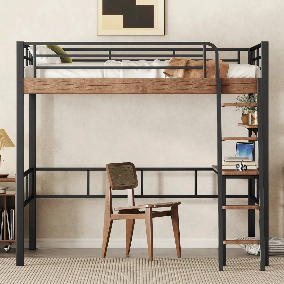 Merax Metal Frame Loft Bed with Desk  and Ladder