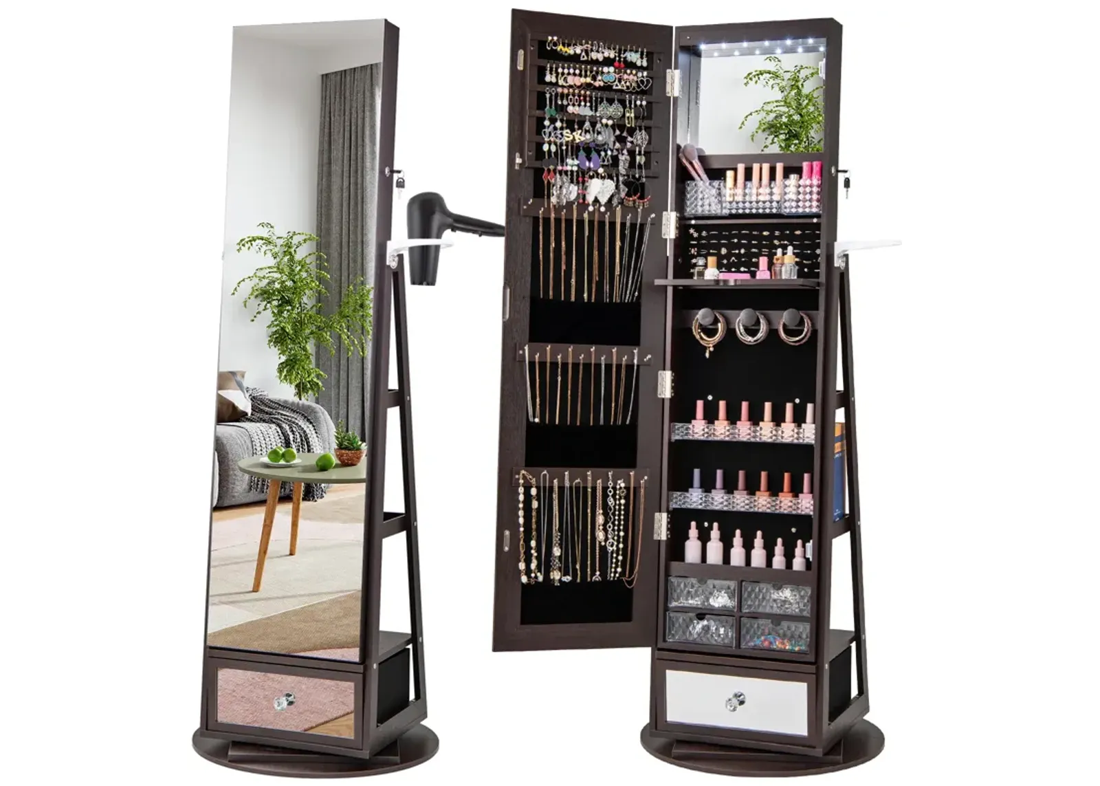 Lockable 360° Swivel Jewelry Cabinet with Full-Length Mirror LED Lights