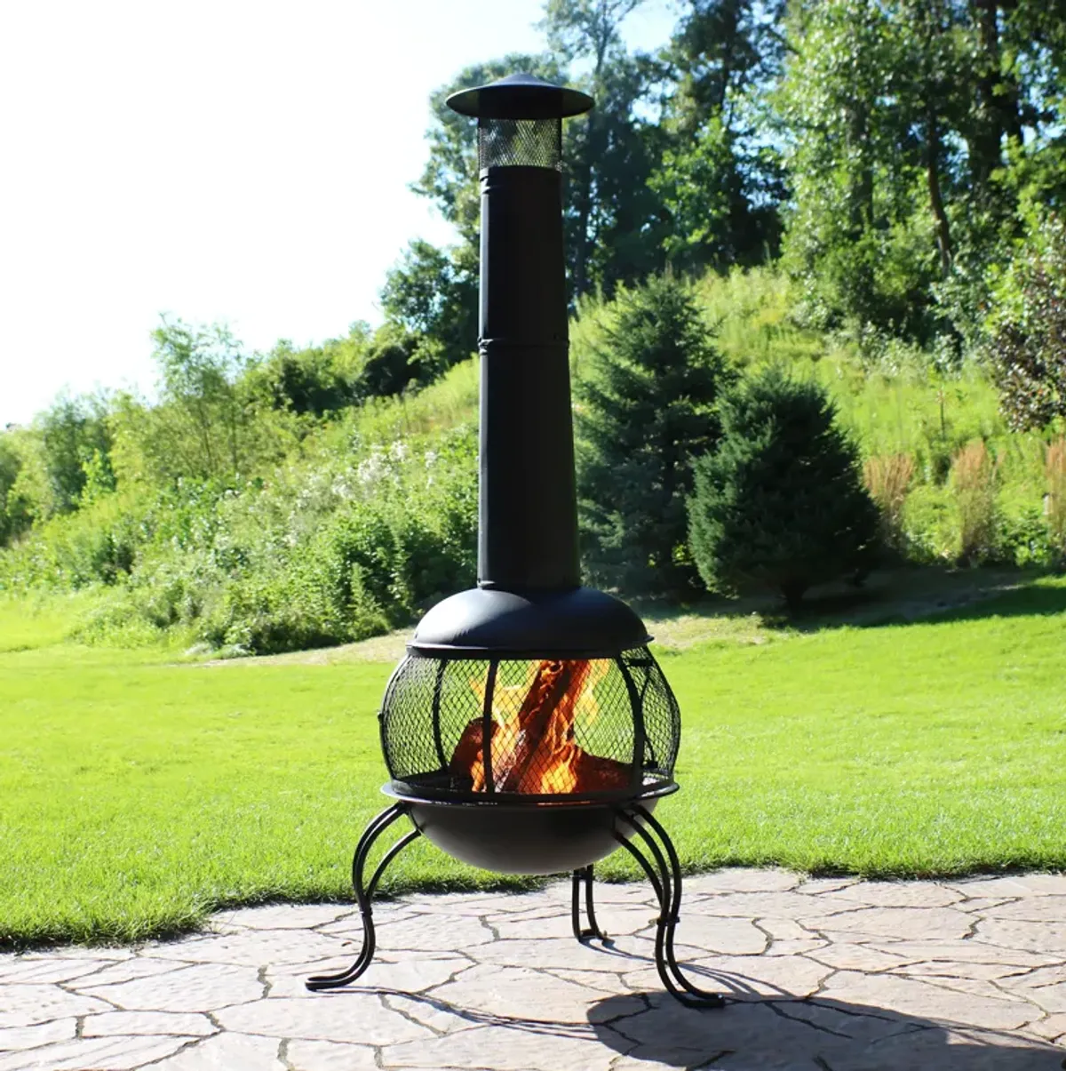 Sunnydaze Steel Wood Burning Chiminea with Rain Cap - Black - 66 in