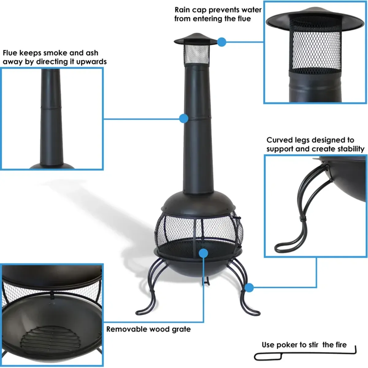 Sunnydaze Steel Wood Burning Chiminea with Rain Cap - Black - 66 in