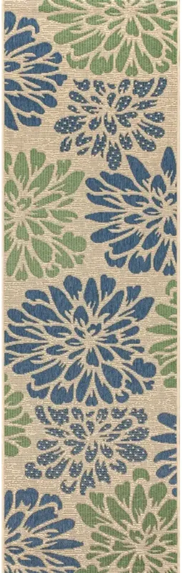 Zinnia Modern Floral Textured Weave Navy/Aqua. Indoor/Outdoor Runner Rug