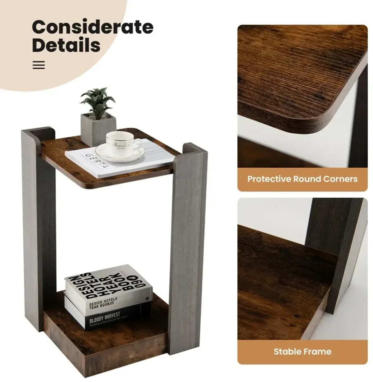 2-Tier Square End Table with Open Storage Shelf for Small Space-Coffee