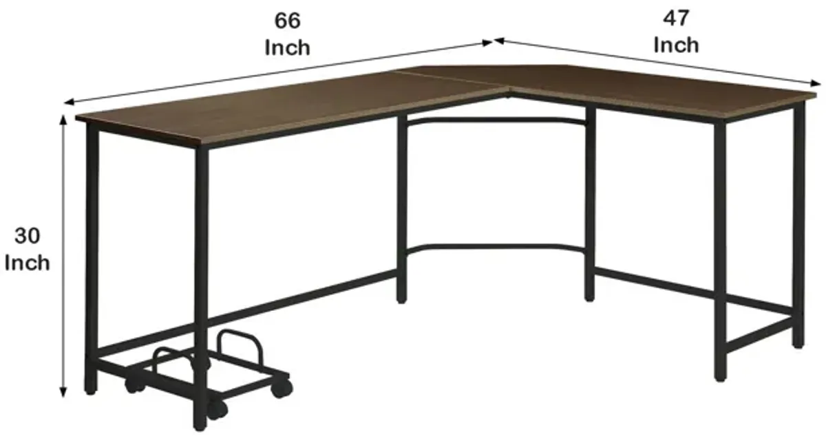 L Shape Computer Desk with CPU Holder and Casters, Brown-Benzara