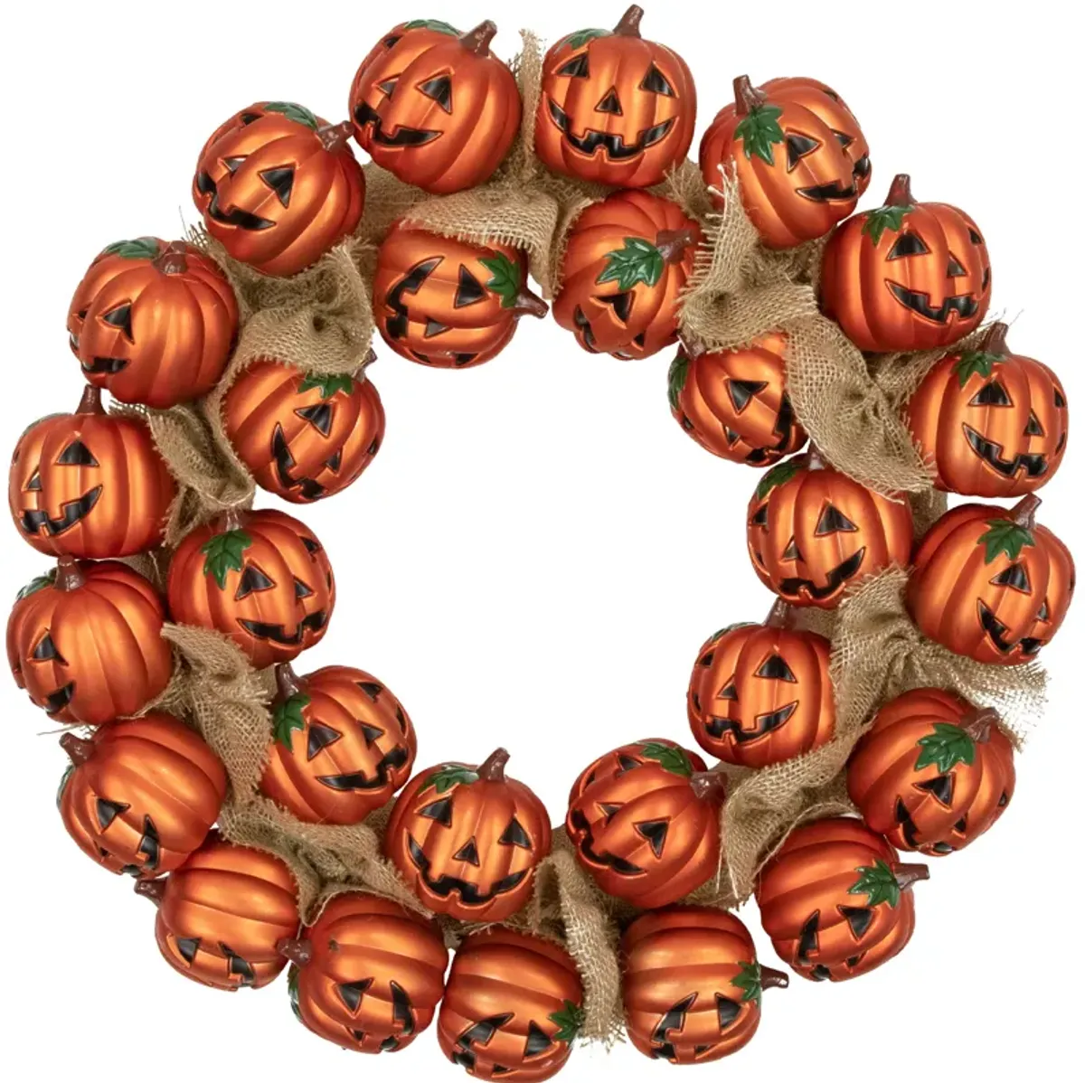 Jack-O-Lantern and Burlap Ribbon Halloween Wreath  20-Inch  Unlit