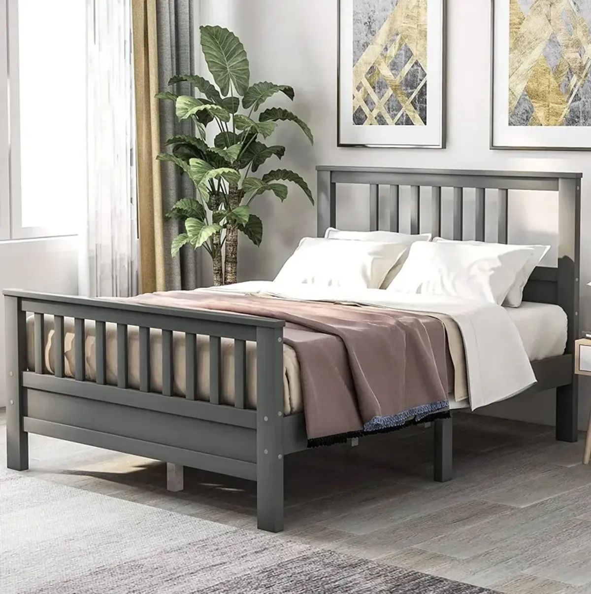 Pine Wood Slatted Platform Headboard Footboard Full Size Bed