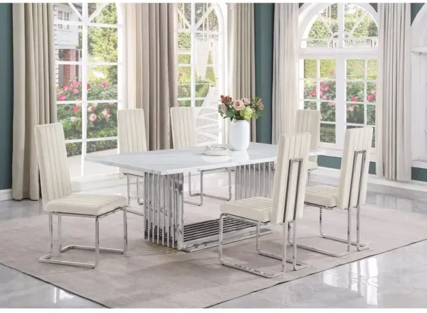 Best Quality Furniture 7pc Large(79) marble top dining set with silver base and 6 Cream side chairs